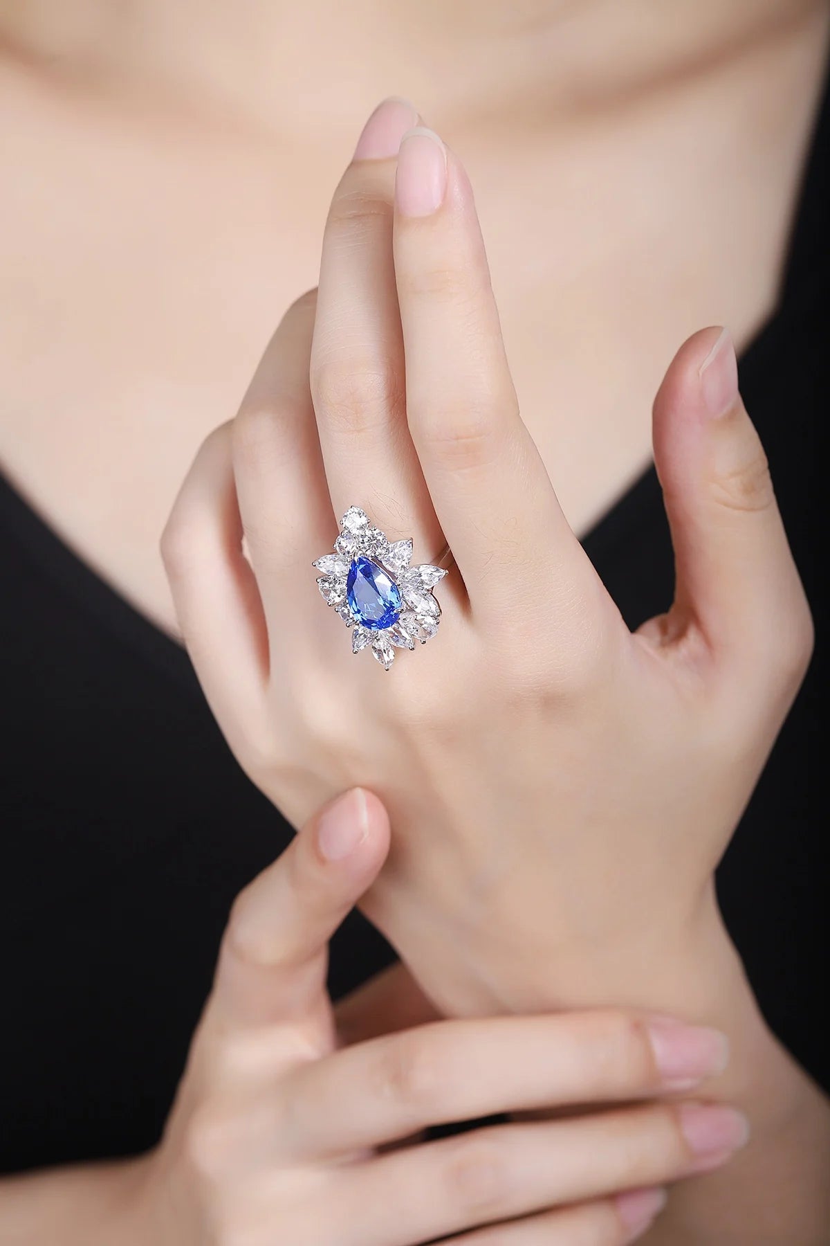 Gemfiori Anster Pear Cut Lab Created Diamonds and Ring S925 Sterling Silver Lab Made Cobalt Spinel Women Ring