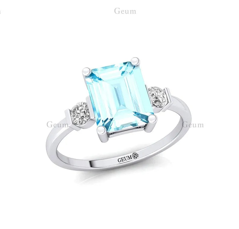 Aquamarine Engagement Ring Vintage 18k Gold March Birthstone Wedding Cluster Natural Diamond Women Party Drop Shipping