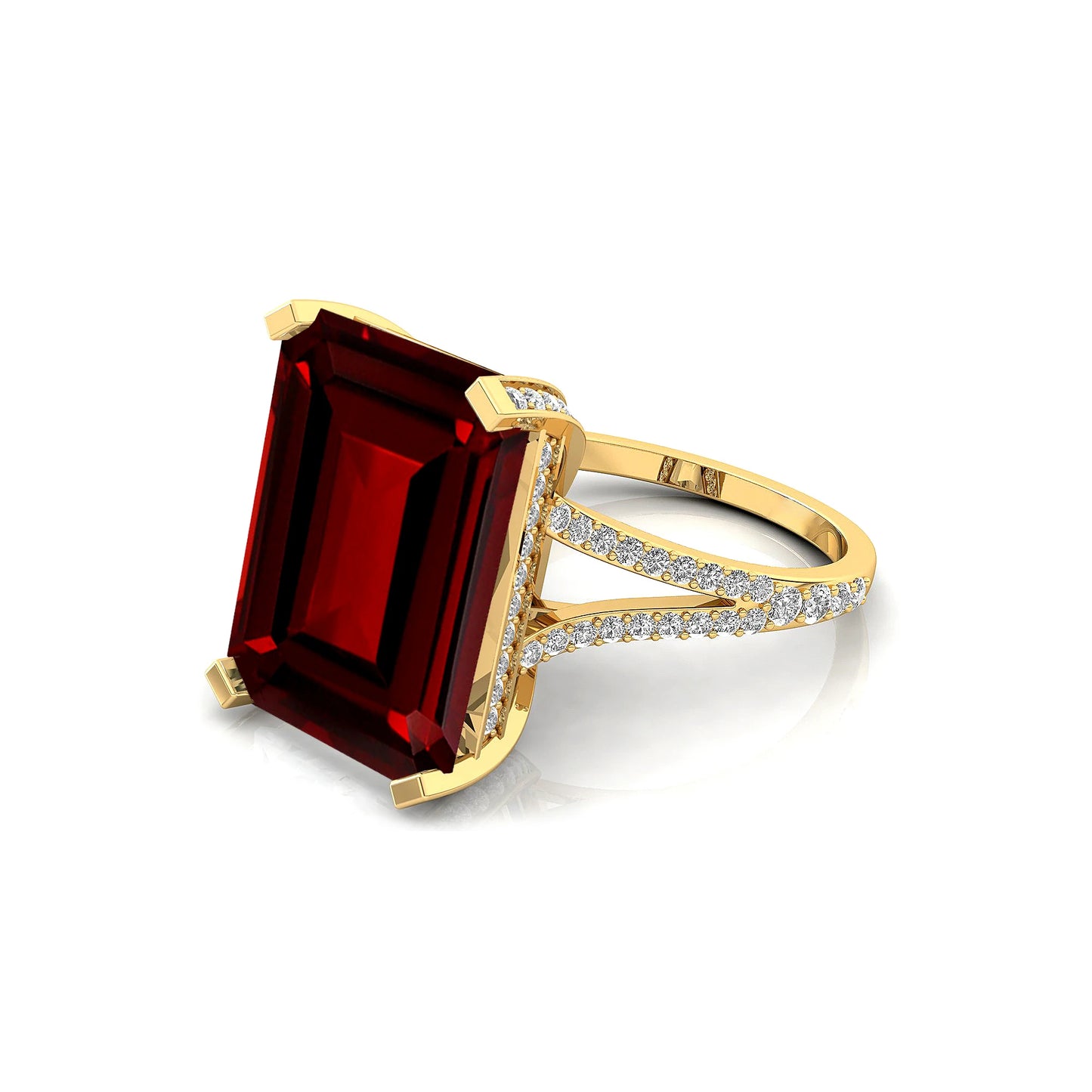 Natural Garnet Gemstone Emerald Cut Birthstone Solid Gold Wedding Ring IGI Certified Genuine Diamonds Rhodium Plated Luxury
