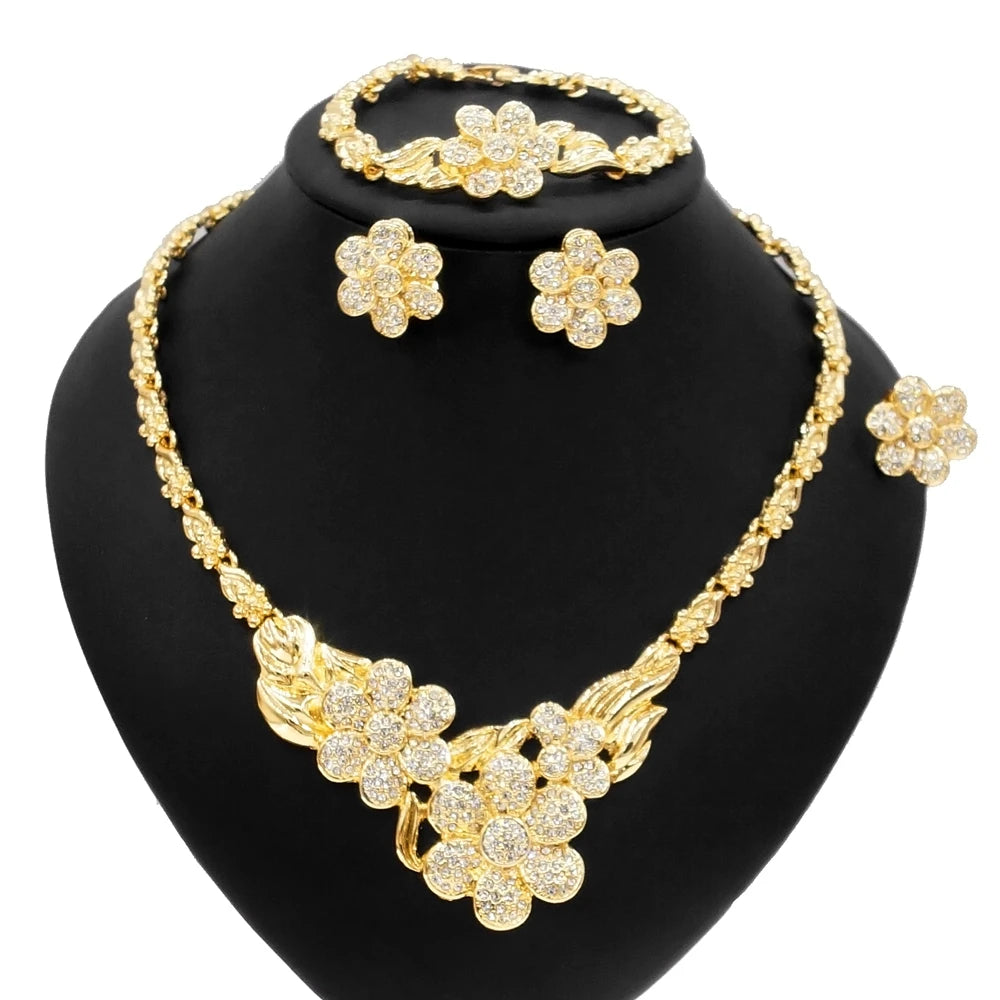 Zhuerrui New Style High Quality Crystal Flower Shape Dating Set Victorian Woman Gift 24K Gold Plated Wedding Jewelry Sets X0118