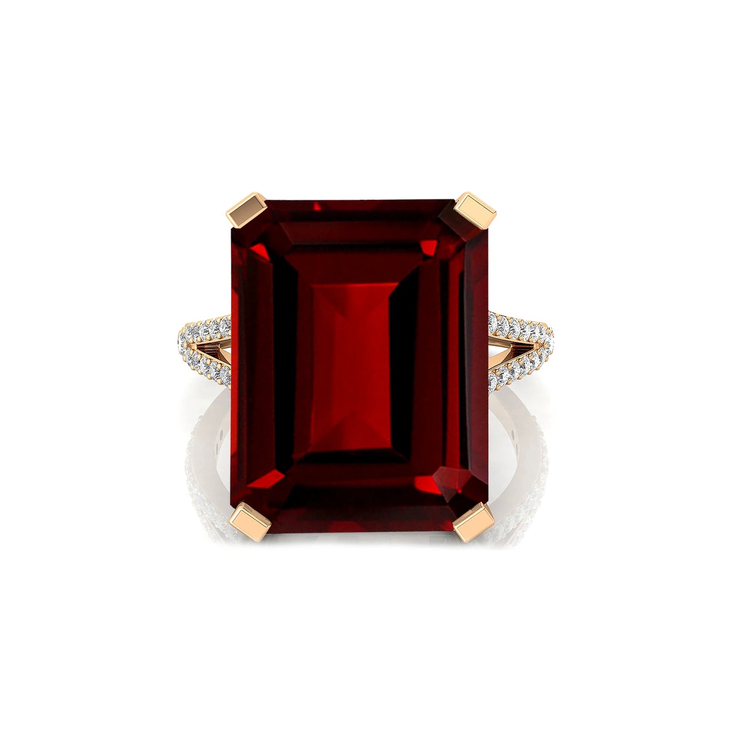 Natural Garnet Gemstone Emerald Cut Birthstone Solid Gold Wedding Ring IGI Certified Genuine Diamonds Rhodium Plated Luxury