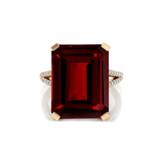Natural Garnet Gemstone Emerald Cut Birthstone Solid Gold Wedding Ring IGI Certified Genuine Diamonds Rhodium Plated Luxury