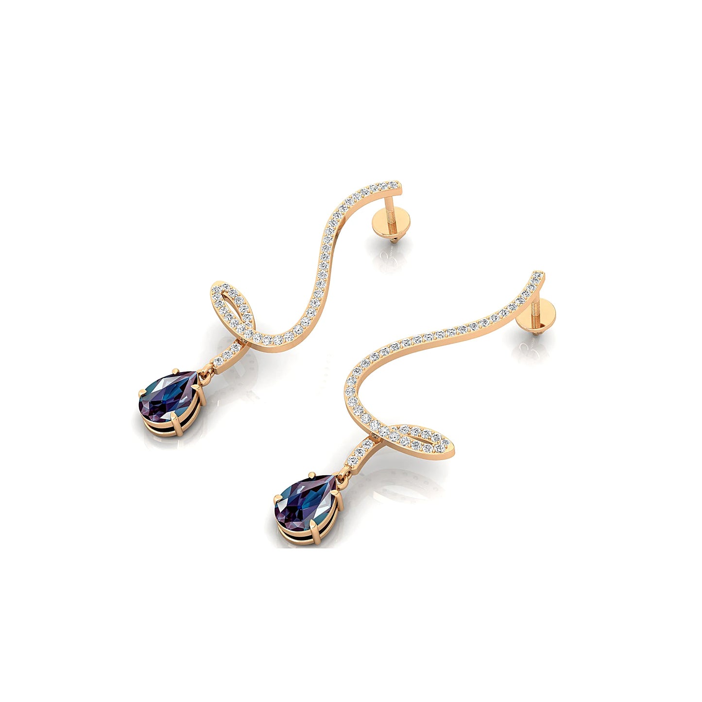 Spiral Diamonds Long Dangling Drop Earrings 18K Solid Gold Pear Cut Lab Grown Alexandrite Gemstone Wedding Earrings Gift For Her