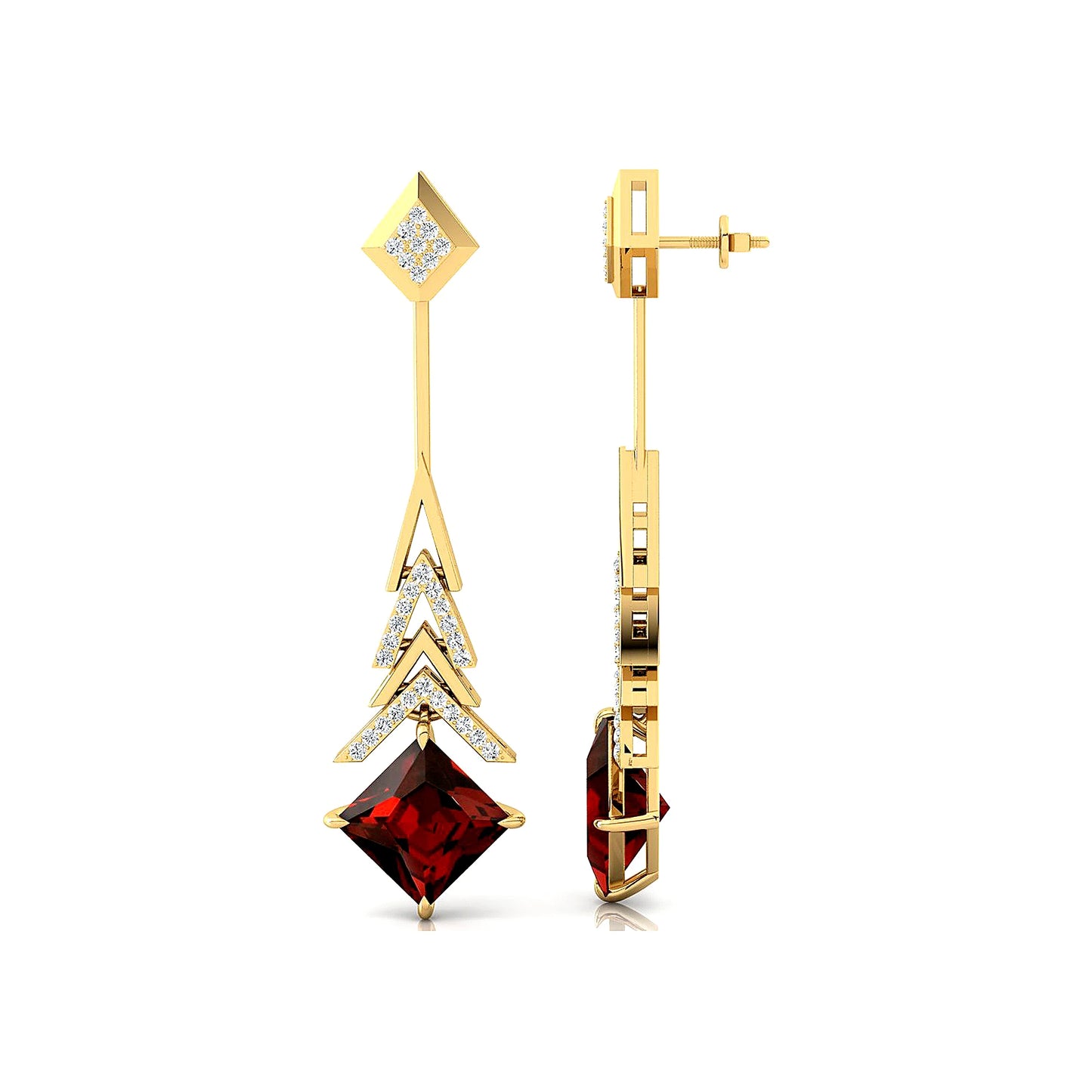 Natural Red Garnet Gemstone & Real Diamond Dangle Drop Earrings Solid Gold Certified Cute Style for Wedding Party or Gift