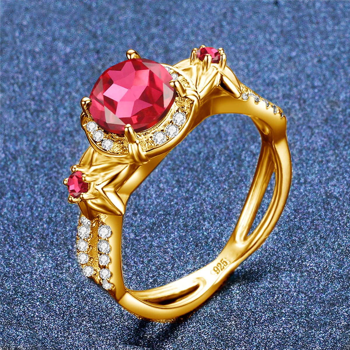 Luxury Bridal Ruby Jewelry Sets 24K Gold Plated Engagement Wedding Party 925 Sterling Silver Ring Earrings Pendant Jewelry Set