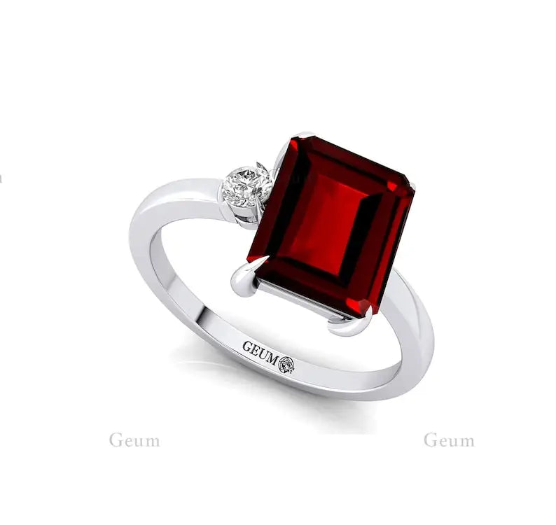 Emerald Cut Red Garnet Gemstone Solid Gold Rhodium Plated Ring Brilliant Cut Diamond Luxury Engagement Wedding Party Gift
