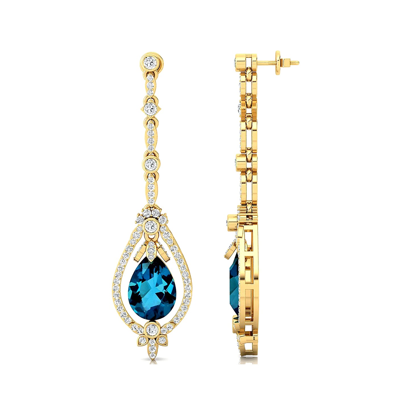 Pear Cut Natural London Blue Topaz Gemstone Real Diamond 18K Solid Gold Dangle Drop Halo Earrings Wedding Party Gift for Women