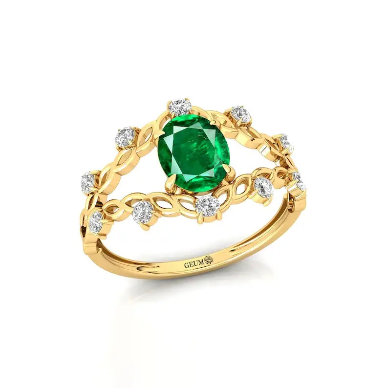 Lab Grown Oval Emerald Gemstone & Real Diamond Ring 14K Yellow Gold Classic Engagement Jewelry Birthday Gift Her Wholesale OEM