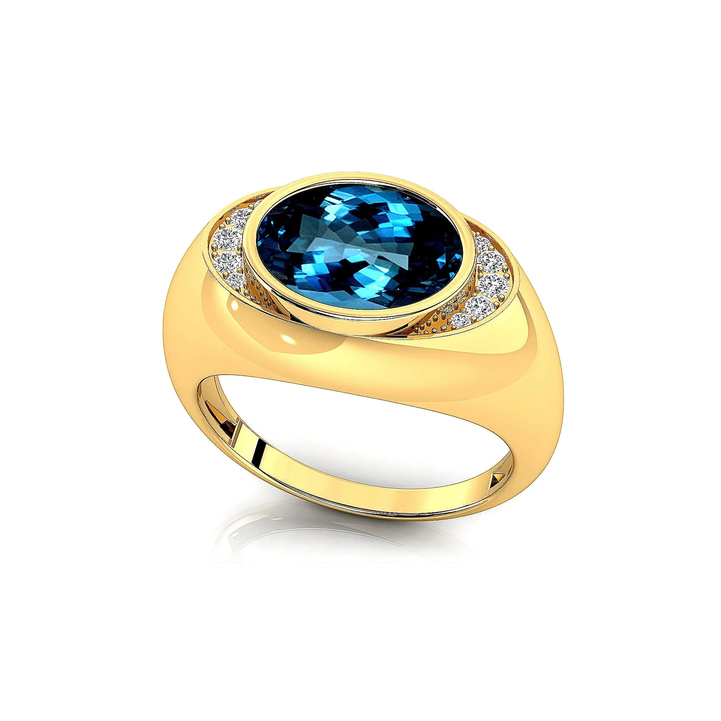 Oval Cut Natural London Blue Topaz Gemstone and Real Diamonds Signet Ring 18k Solid Gold Rhodium Plated Fine Party Gift For Her