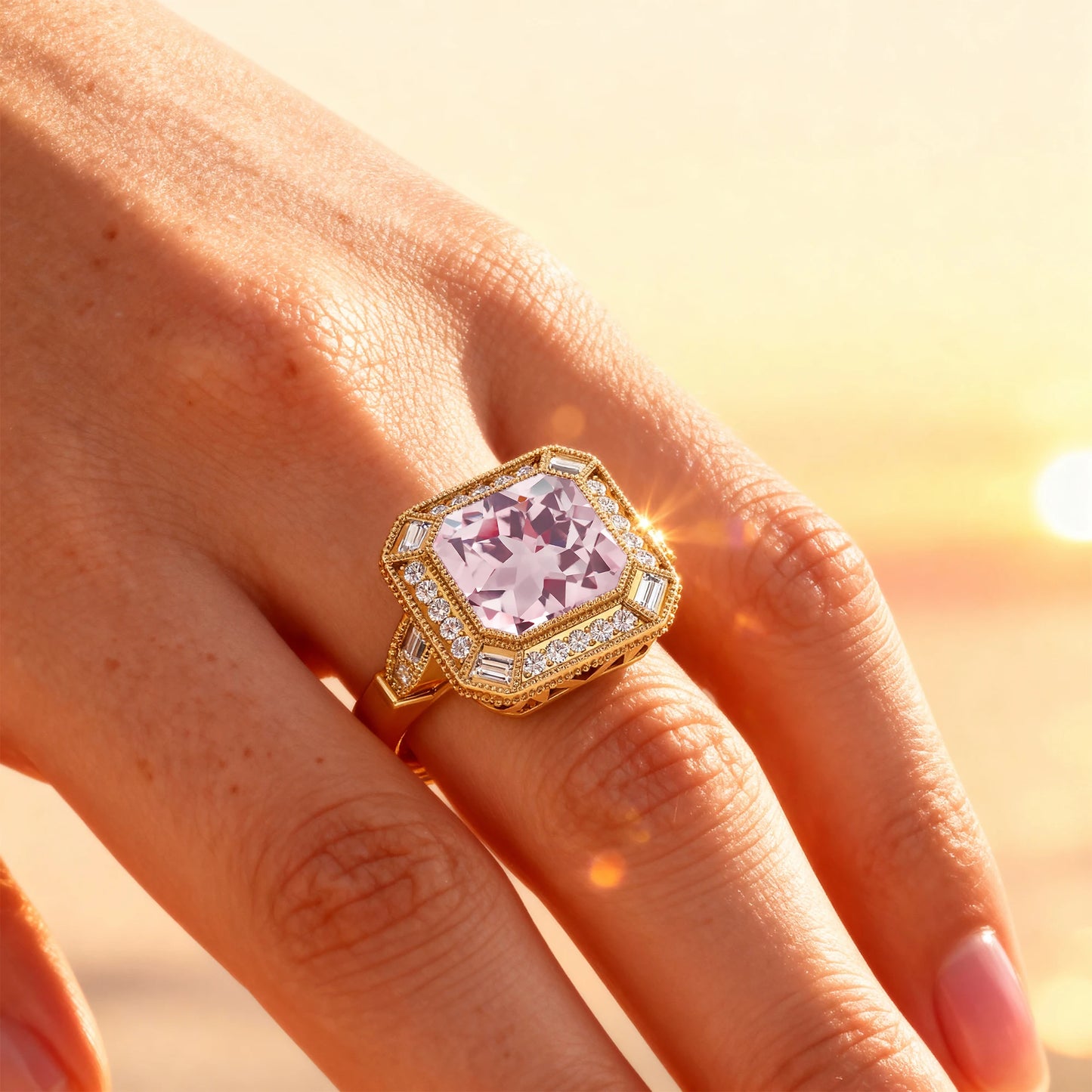 18k Solid Gold Engagement Rings Natural Morganite Gemstone Real Diamonds Wedding Gift Rhodium Plated Solitaire Halo Ring For Her