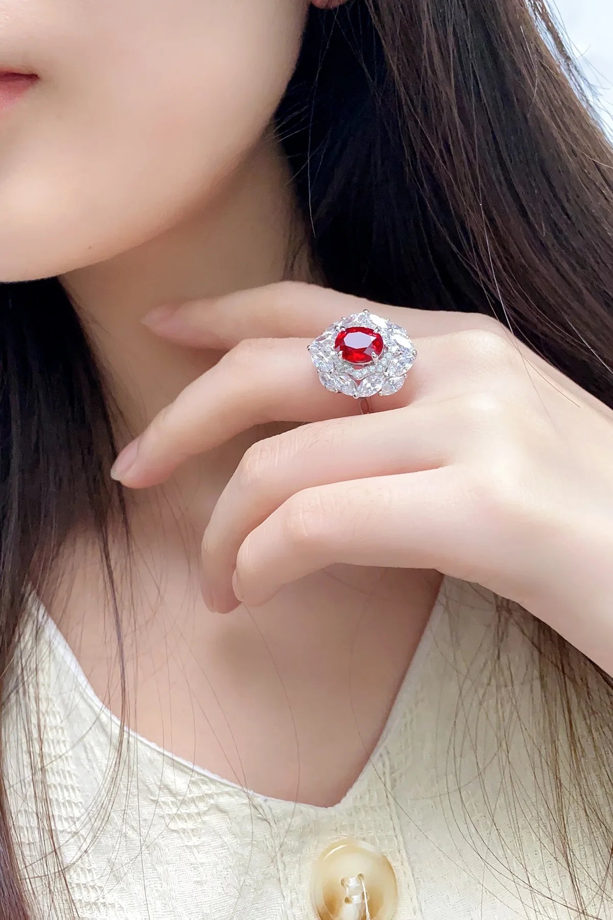 Gemfiori Anster Lab Made Diamonds and Ring S925 Sterling Silver Lab Created Ruby Women Ring
