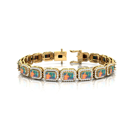 Romantic Style 14K Pure Gold Opal With Diamonds Tennis Bracelet for Women's Engagement Wedding Anniversary Valentine's Gift