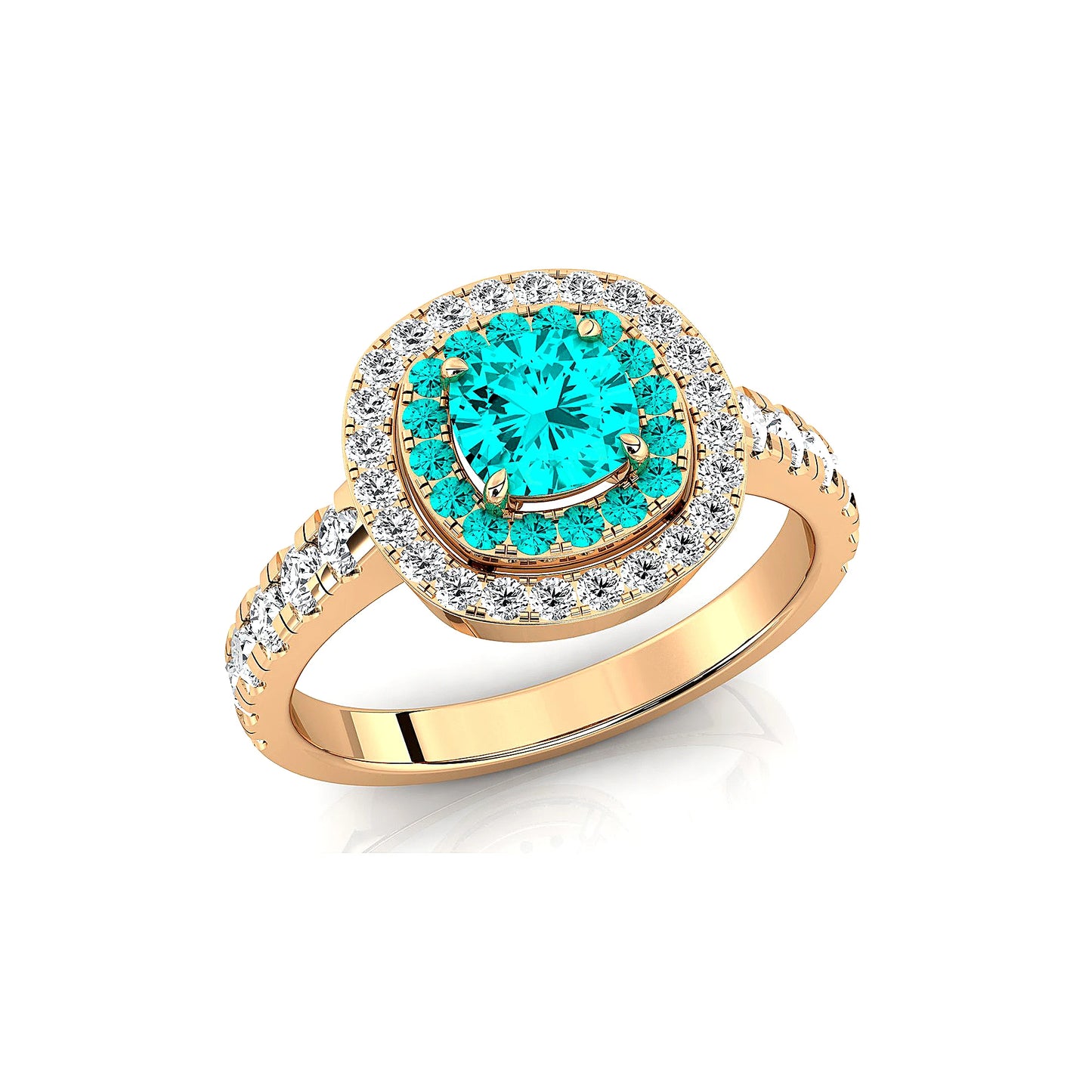 18kt Solid Gold Lab Grown Paraiba Tourmaline Real Diamond Classic Wedding Double Halo Ring Rhodium Plated Fine Jewelry For Gift