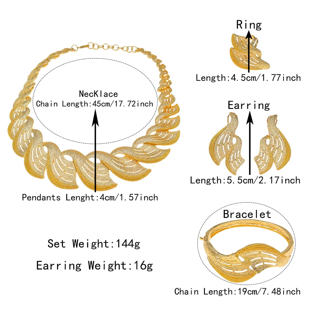 Zhuerrui Italian Gold Plated Jewelry Set Hollow Fan Streamline Necklace Earrings Bracelet Ring Women Ceremony Accessory I0003820