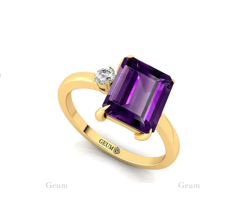 Natural Purple Amethyst Gemstone 14K Real Solid Gold Solitaire Ring for Women Unique Design with IGI Certified Diamond Jewelry