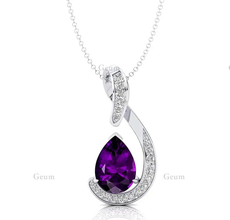 Luxury Hand Crafted 18k Solid Gold Diamonds Pendant Natural Amethyst Gemstone Pear Cut Rhodium Plated Classic Pendant For Her