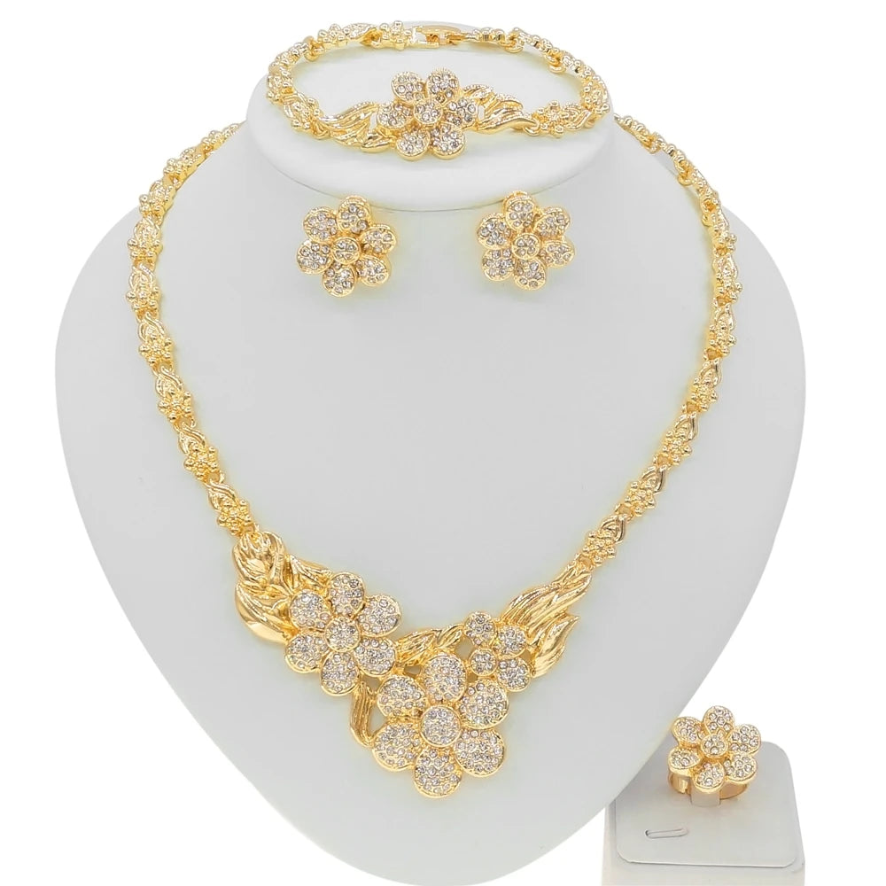 Zhuerrui New Style High Quality Crystal Flower Shape Dating Set Victorian Woman Gift 24K Gold Plated Wedding Jewelry Sets X0118