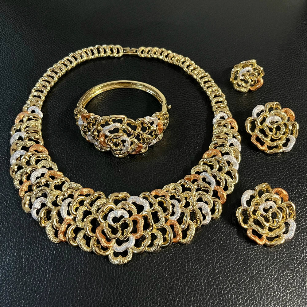 Zhuerrui Italian Gold Plated Jewelry Set Three Tone Floral Pattern Multi Layer Necklace Earrings Bracelet Ring Party I006220