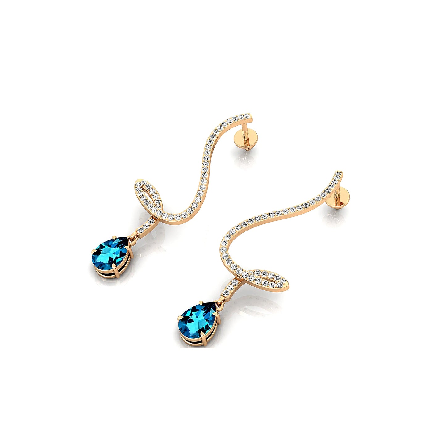 Pear Cut Natural London Blue Topaz Gemstone & Real Diamonds Dangling Drop Earrings 18k Solid Gold Rhodium Wedding Gift For Her