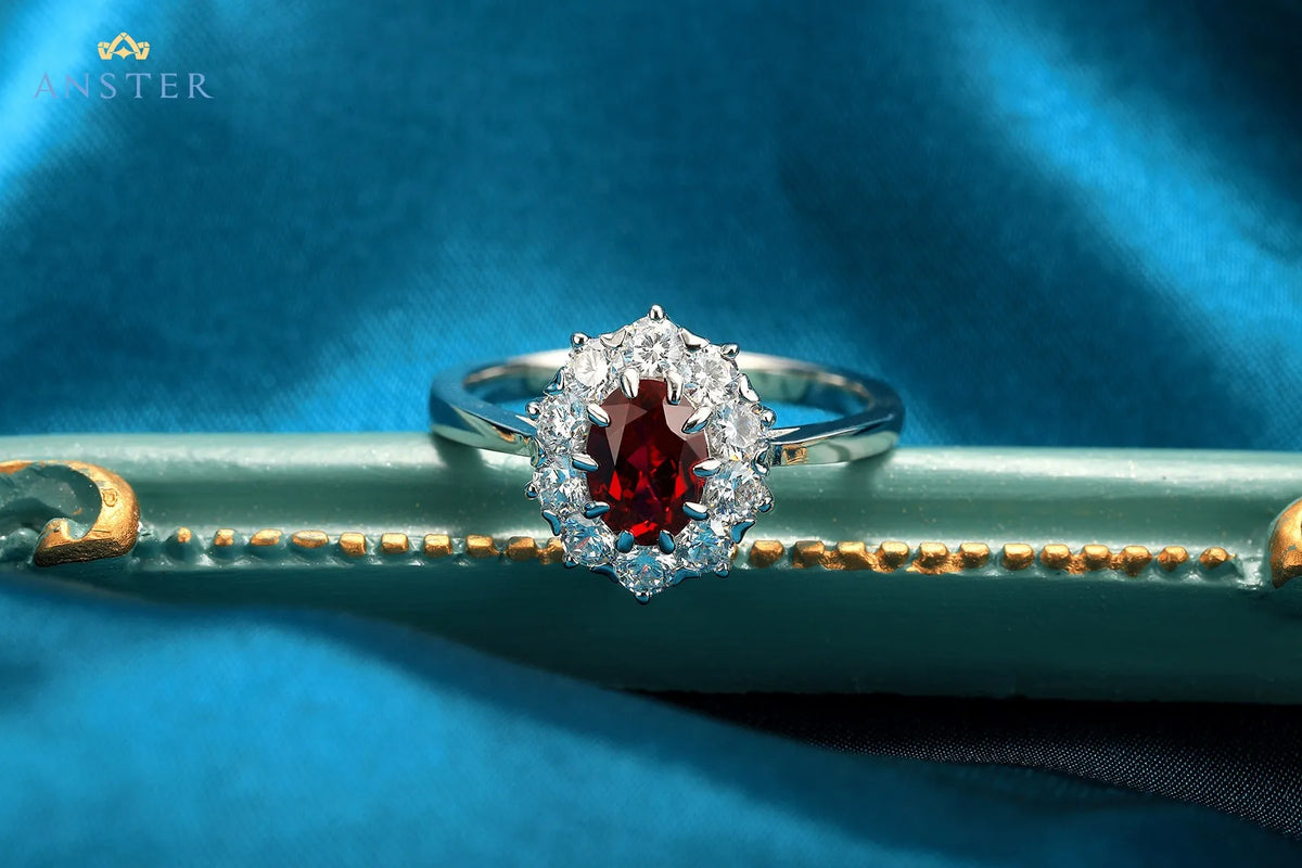 Gemfiori Anster Lab Created Ruby Oval Cut Women Ring S925 Sterling Silver Lab Made Diamonds and Ring