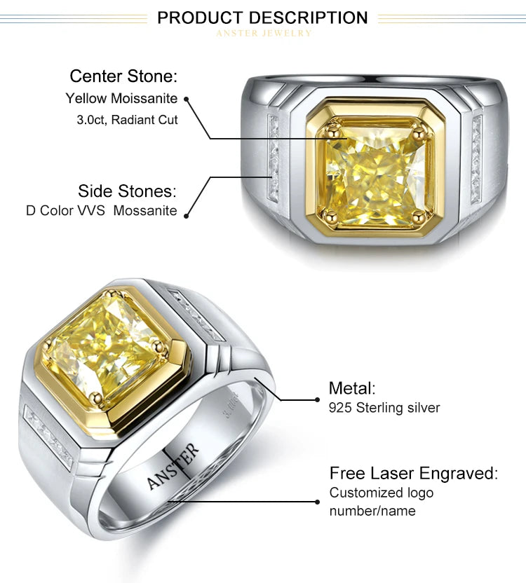 Gemfiori Anster Moissanite Diamonds and Ring S925 Sterling Silver Radiant Cut White Moissanite Diamond Men Ring