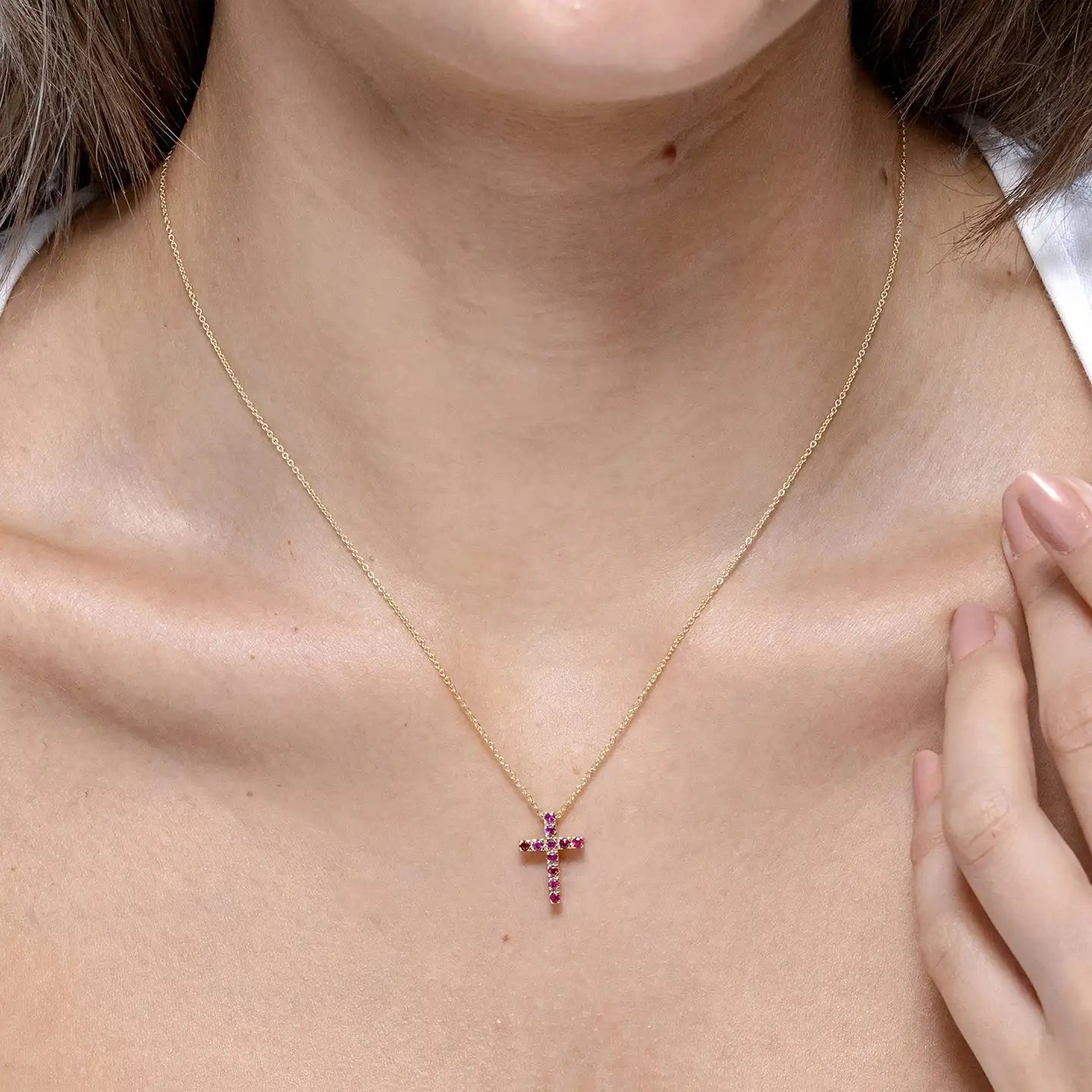 2.66G 14k Solid Gold Flat Prong-Set 2MM 0.5Ctw Natural Red Ruby Multi Gemstone Cross Pendant Christian Religious Cross Pendant