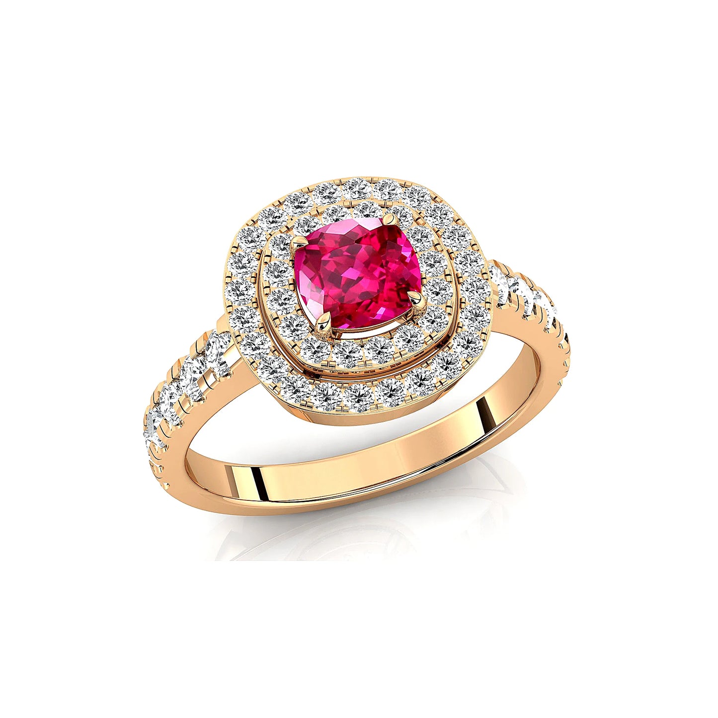 18k Solid Gold Lab Grown Pink Sapphire Gemstone and Real Diamonds Cushion Cut Rhodium Plated Double Halo Solitaire Ring For Gift