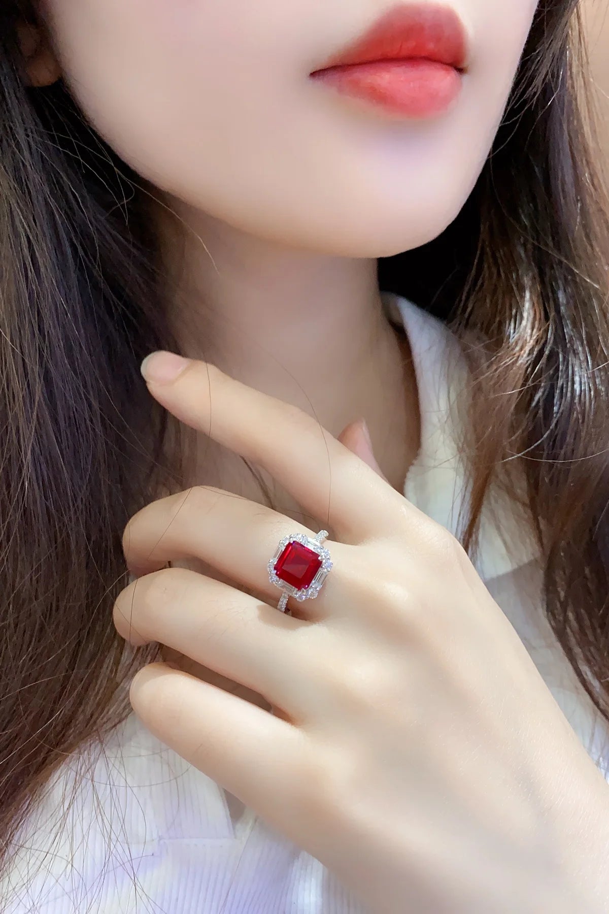 Gemfiori Anster Lab Created Ruby Women Ring Asscher Cut S925 Sterling Silver Lab Made Diamonds and Ring