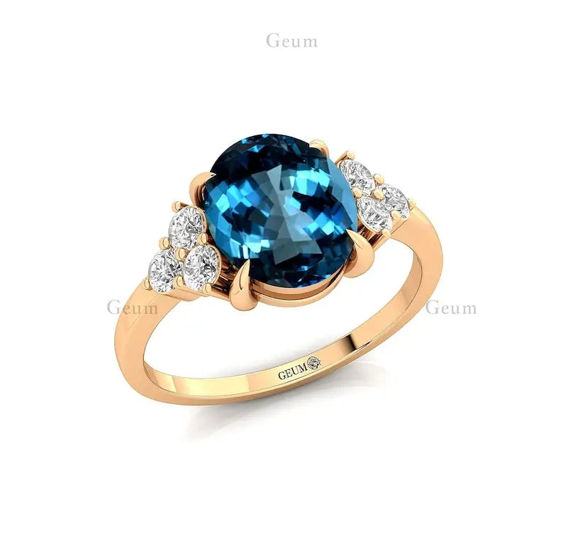 Solid 14k Gold Classic Unique Oval Shape Natural London Blue Topaz Gemstone Real Diamond Cluster Pave Setting Premium Designer