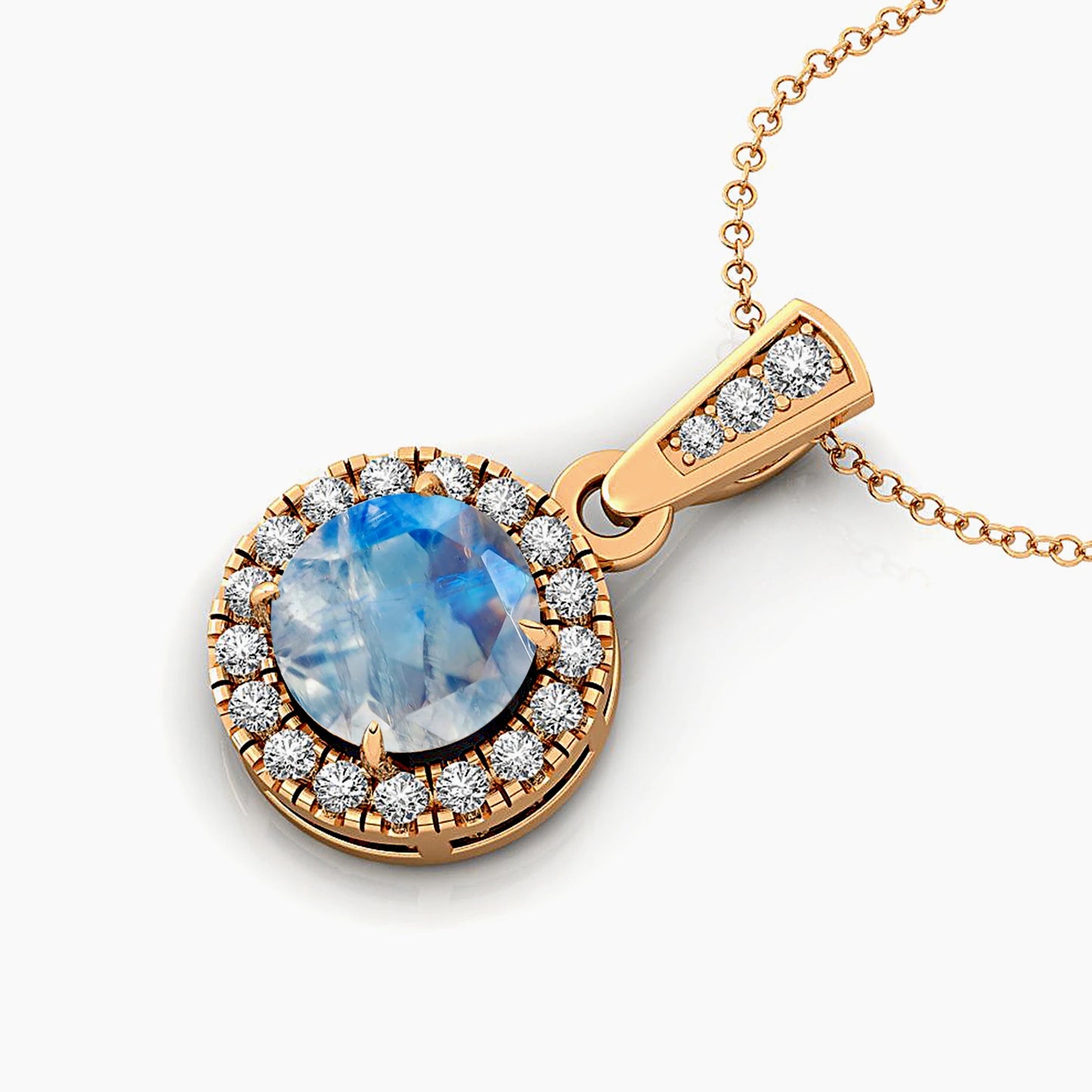 Beautiful Halo Solitaire Charm's Pendant Rainbow Moonstone Jewelry Rhodium Plated 14k Gold Necklace