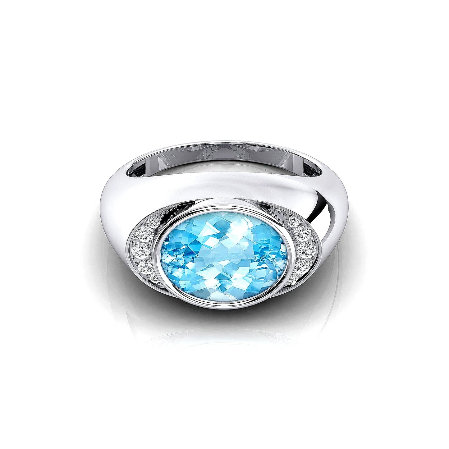 18k Solid Gold Unique Design Luxurious Wedding Signet Rings Studded Natural Aquamarine Gemstone Real Diamonds Rhodium Plated