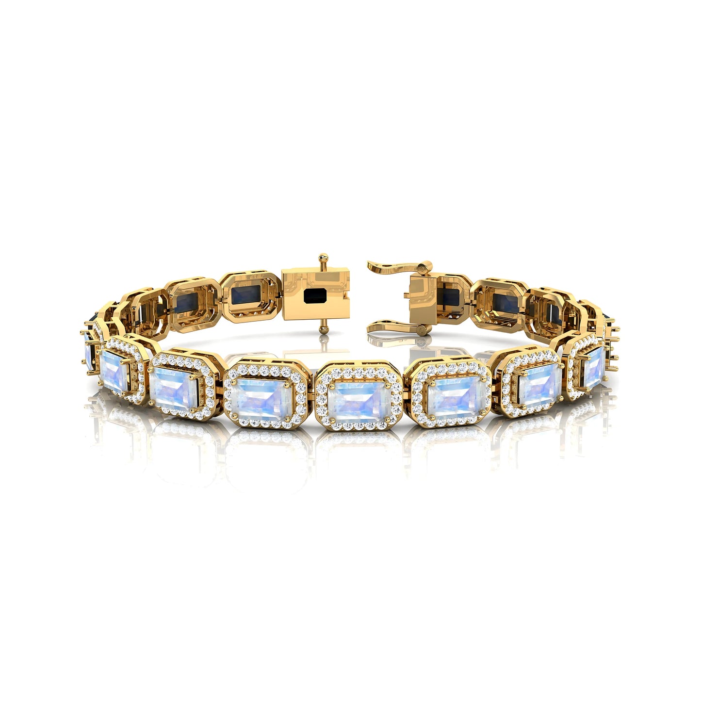 Natural Octagon Cut Rainbow Moonstone & Diamond Tennis Bracelet 14k Solid Gold Prong Set Wedding Gift Gemstone Tennis Bracelets
