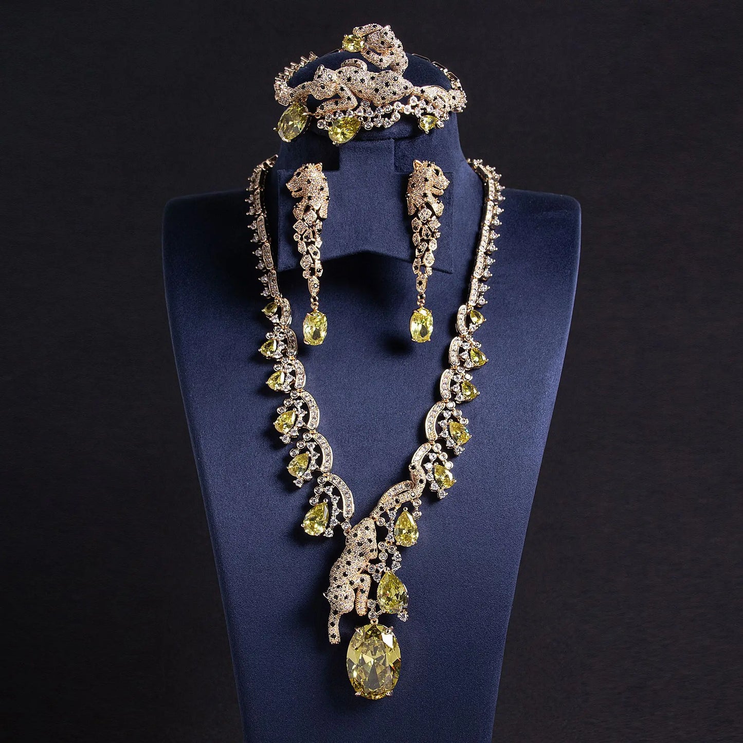 Famous Brand Leopard Design 4pcs Jewelry Sets Luxury Aqua Blue Zirconia Gorgeous Leopard Necklace 4Pcs Wedding Jewelry Sets