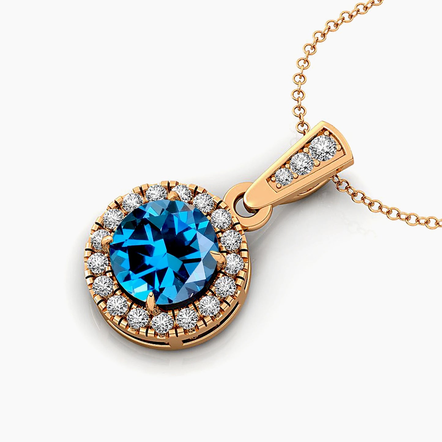 Exquisite Halo Style Natural London Blue Topaz Gemstone & Genuine Diamonds 14k White Gold Charm Pendant Necklace For Mother Gift