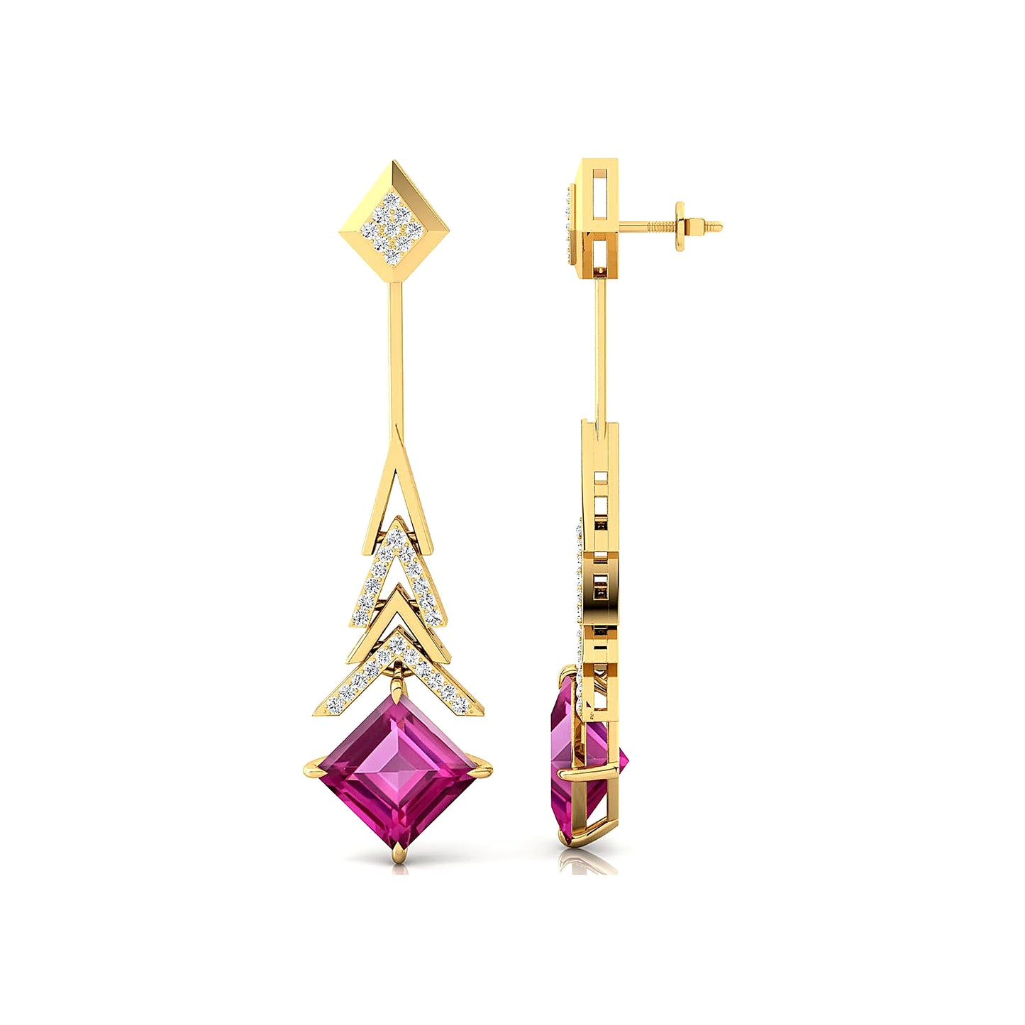 Handmade Solid Gold Cute Rhodium Plated Drop Earrings Lab Grown Pink Sapphire Gemstone Diamonds Wedding Party Gift Jewelry Women
