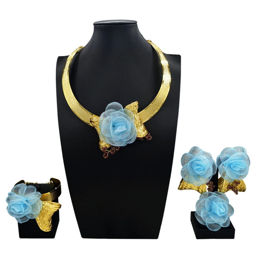 Zhuerrui Gold Plated Blue Grey Fabric Rose Flower Jewelry Set for Women African Dubai Wedding Bridal Choker 4Pcs Jewelry MY156