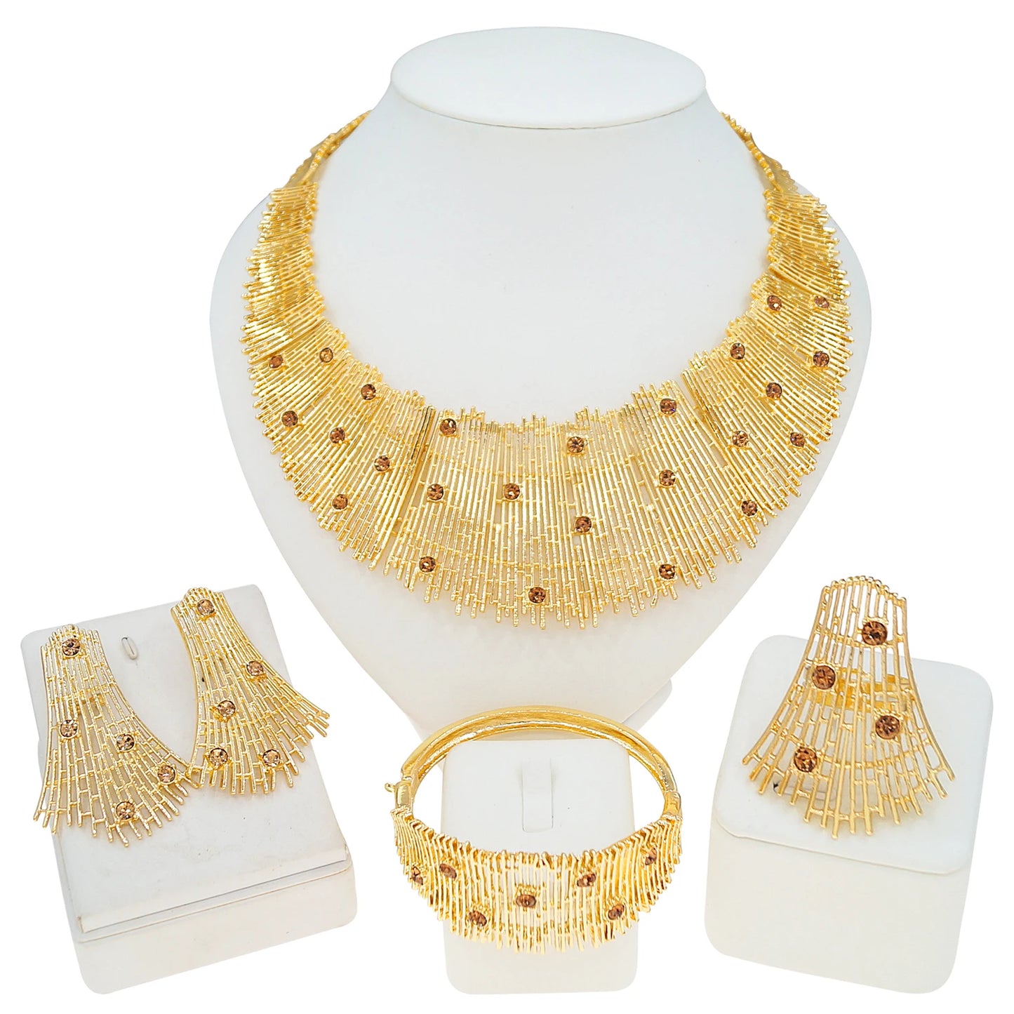 Zhuerrui Gold Plated Fringe Design Jewelry Set Including Necklace Bracelet Earrings for Wedding Party Formal Occasions I0001420