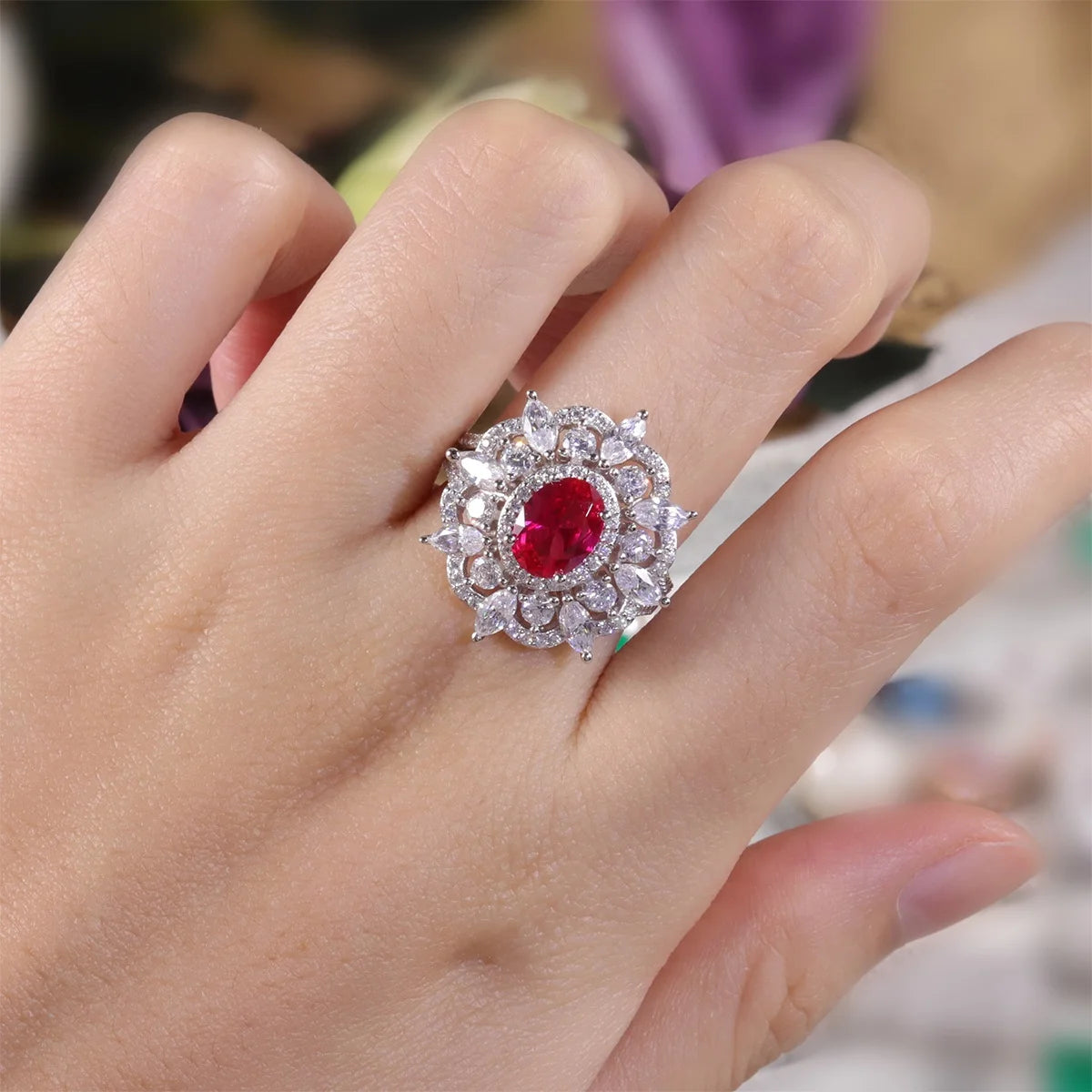 Gemfiori AR013 Abiding Luxury Vintage Cubic Zirconia 925 Sterling Silver Ice Cut Lab Grown Ruby White CZ Flower Anniversary Ring