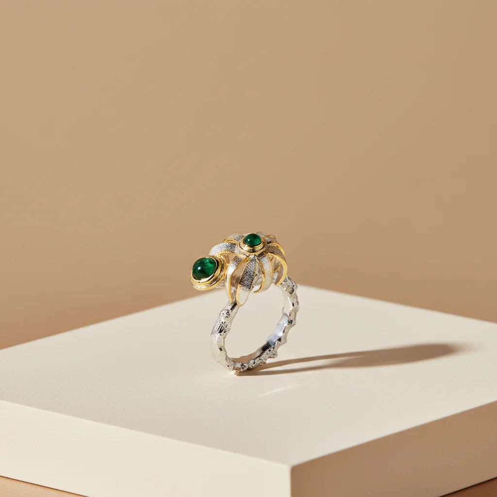 925 Sterling Silver Round Flower Italy Design Ring with Green Glass for Women