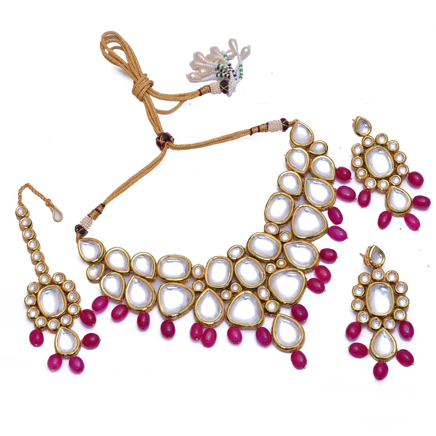 Traditional Gold Plated Indian Partywear Necklace Set with Maang Tika Bridal Kundan Brass Jewelry for Women for Weddings Gifts