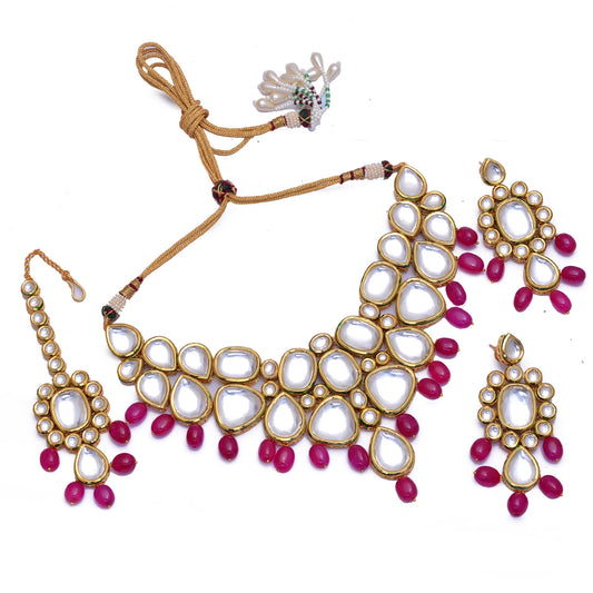 Lakshmi Traditional Gold Plated Kundan Necklace Set & Maang Tikka | Floral Brass | Rose Madder | Rajasthan