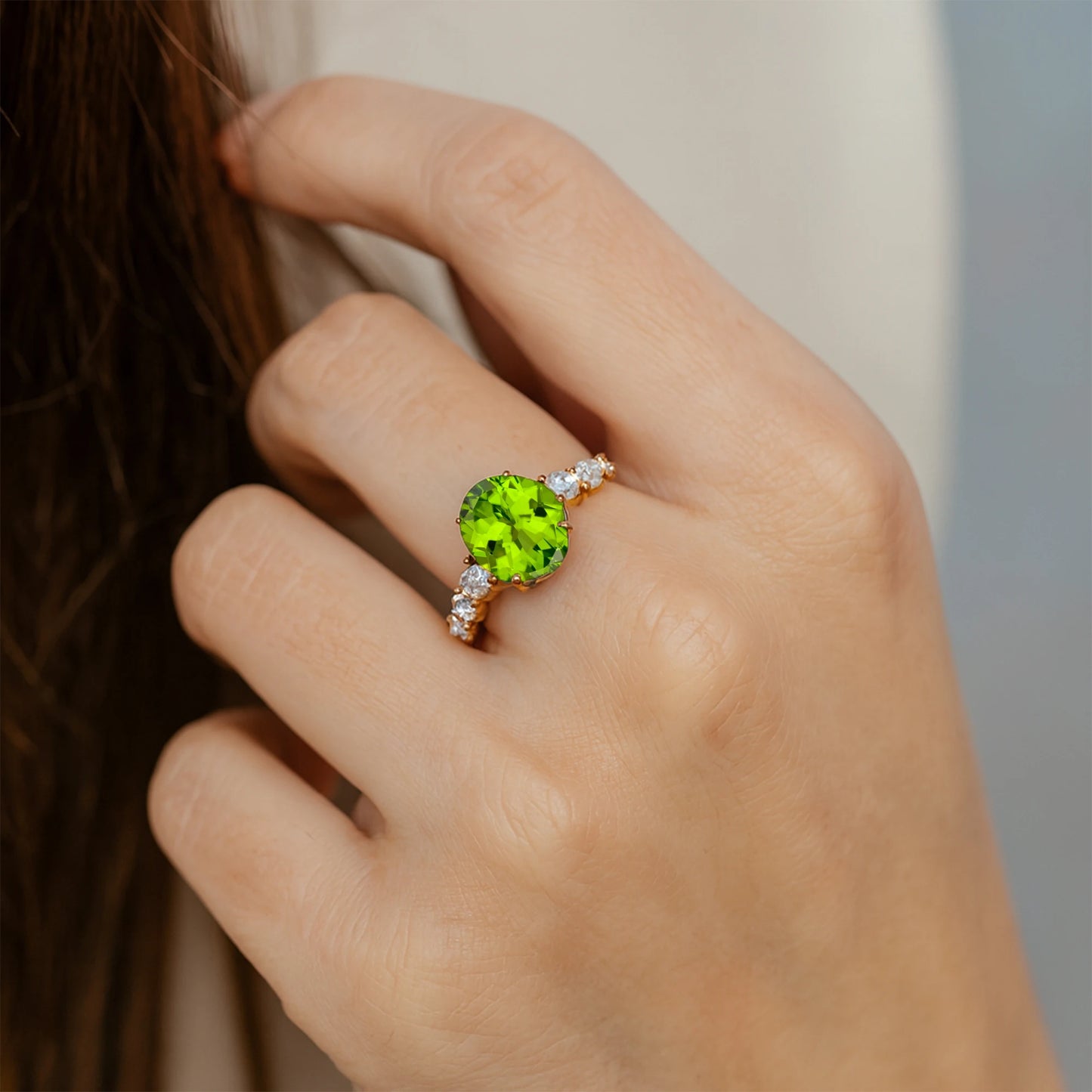Natural Diamond Round Cut Peridot Gemstone Wedding Ring Solid 14k Pure Gold Handmade Gift Beloved Fine Jewelry Supplier OEM