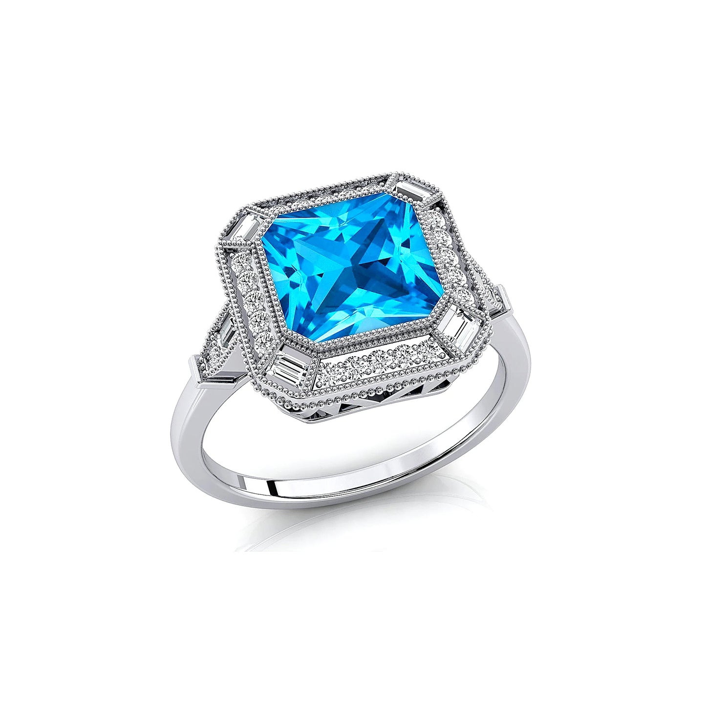 18k Solid Gold Rings Swiss Blue Topaz Gemstone Fine Real White Diamonds Baguette Cut Rhodium Plated Jewelry Weddings Ring Gift