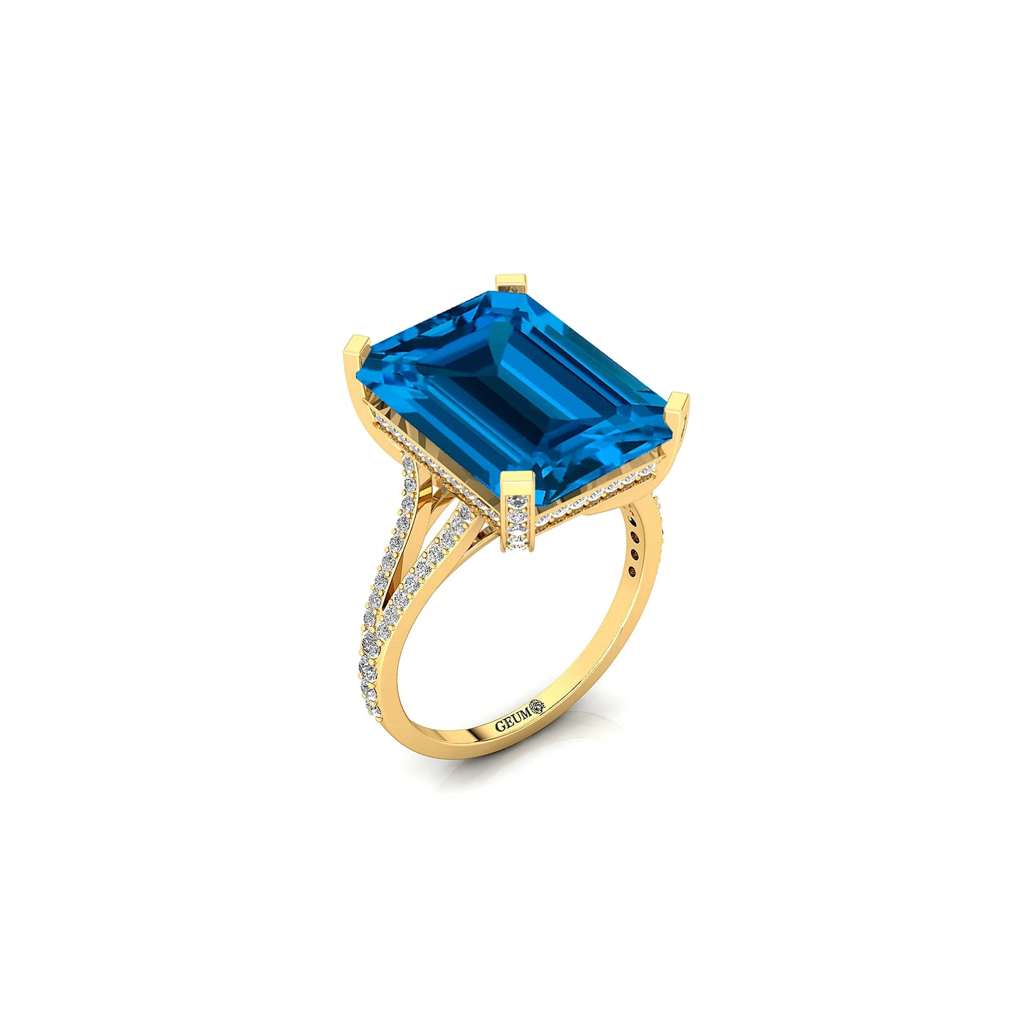 18K Pure Gold Natural London Blue Topaz Gemstone 13.5ct Emerald Shape Rings Brilliant Cut 114 Diamonds IGI Certified Unisex