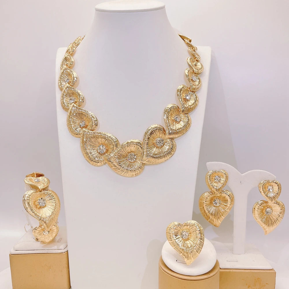 Zhuerrui Italian Gold Plated Jewelry Set for Women Heart Shaped Petal Crystal Necklace Earrings Bracelet Ring Party I004320