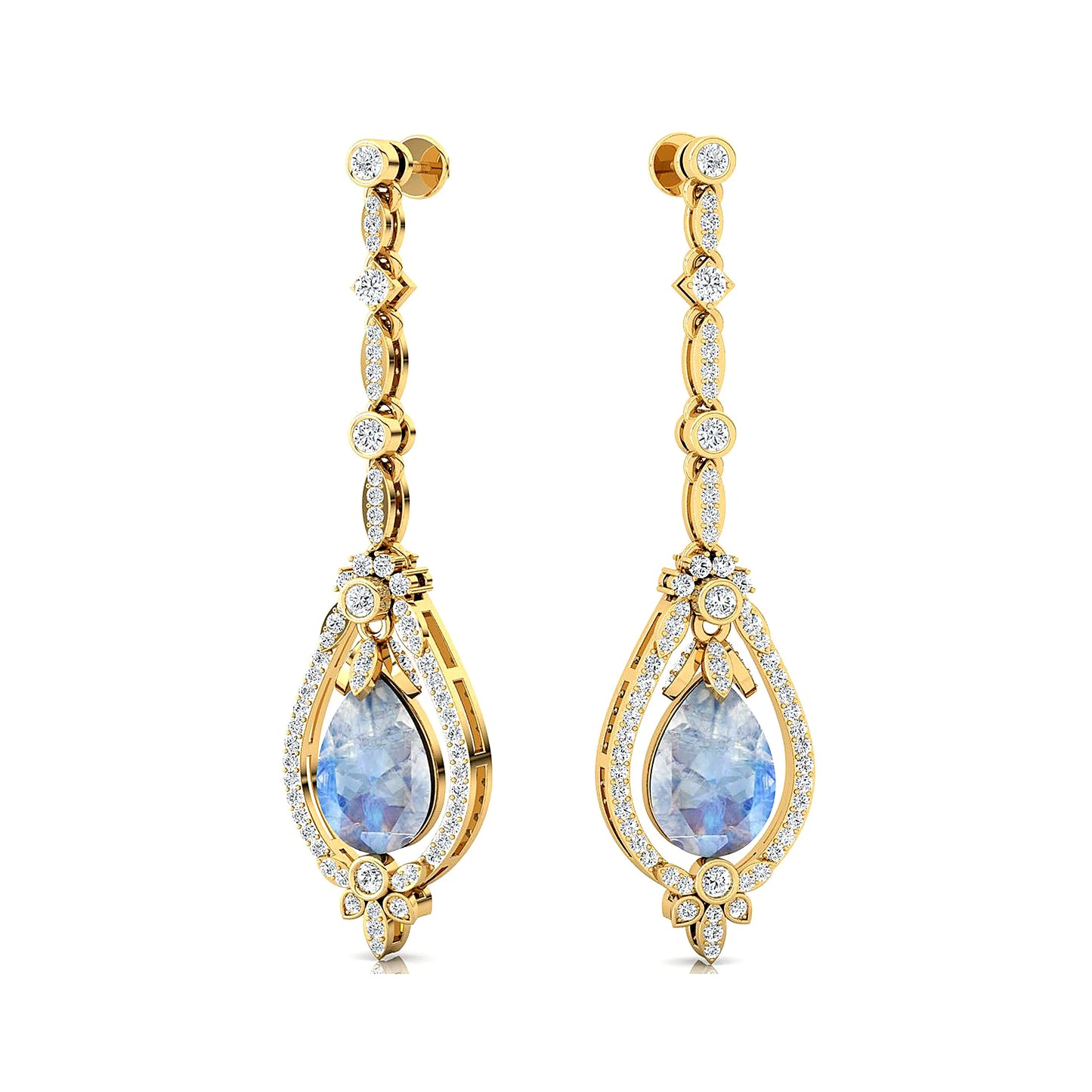 Natural Rainbow Moonstone Gemstone and Real Diamonds Dangle Drop Earrings Dainty 18K Solid Gold Rhodium Plated Wedding Party