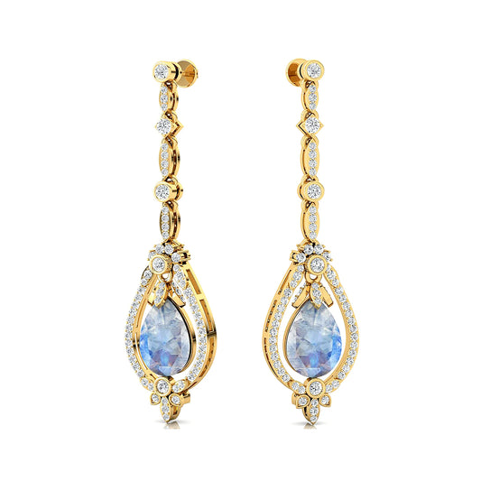 Natural Rainbow Moonstone Gemstone and Real Diamonds Dangle Drop Earrings Dainty 18K Solid Gold Rhodium Plated Wedding Party