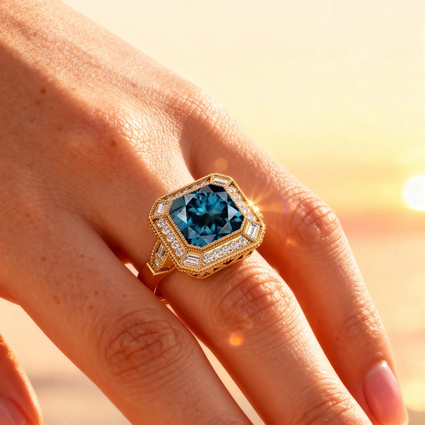 Antique Design Natural London Blue Topaz Gemstone Ring Solid 18k Pure Gold Handmade Solitaire Halo Rings For Engagement Gift