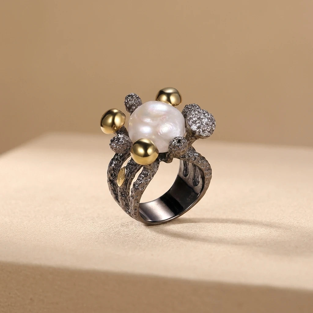 Italian Freshwater Button Pearl 925 Sterling Silver Ring for Women