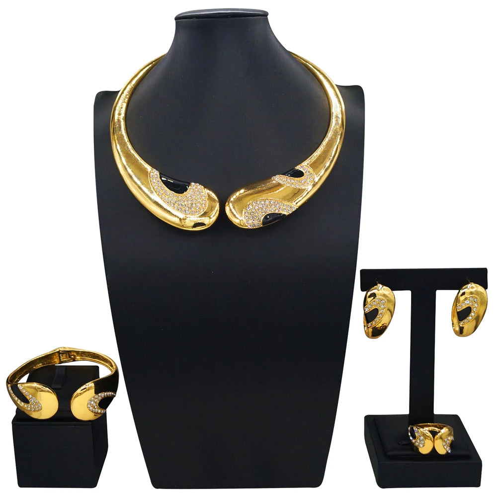 Zhuerrui Dubai Gold Plated Jewelry Set Curved Black Onyx Crystal Necklace Earrings Bracelet Ring Evening Accessory I0002520